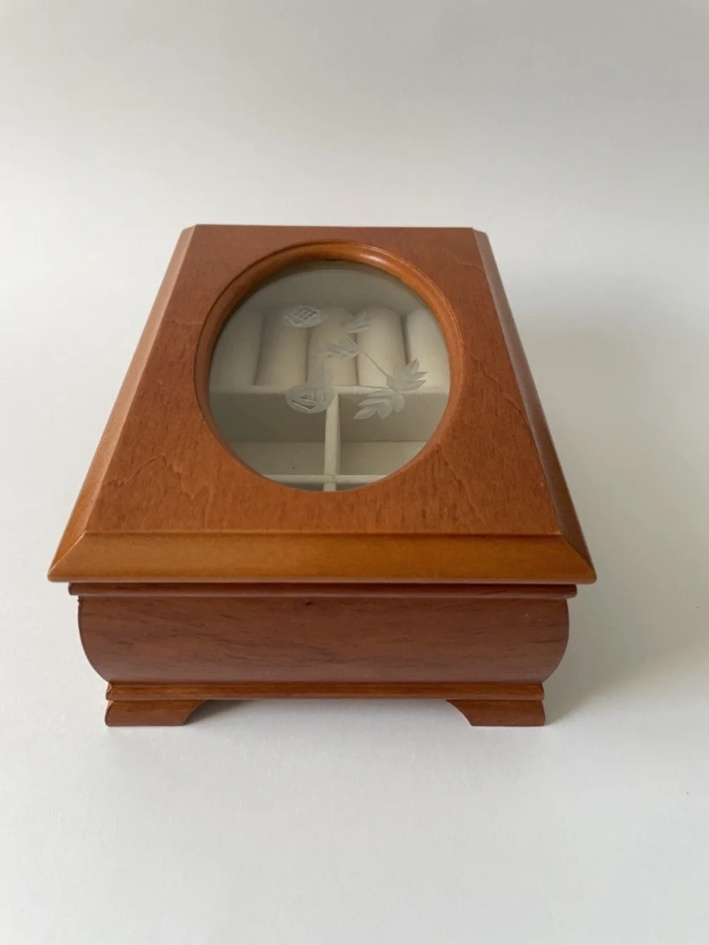 Vintage Small Wood Jewelry Box Glass Lid Etched Flower Design Trinket Box